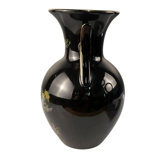 Vintage Black Ceramic Vase With Floral & Peacock Motif Gold Accents Decorative D - Picture 15 of 16